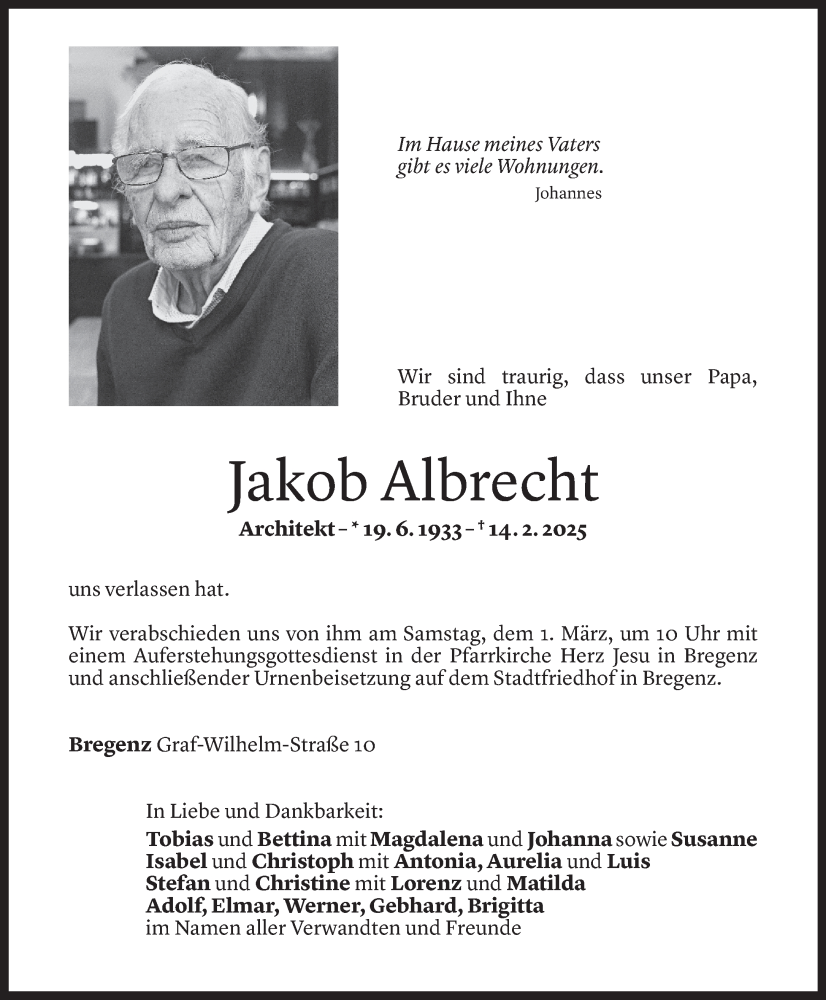  Todesanzeige für Jakob Albrecht vom 17.02.2025 aus Vorarlberger Nachrichten