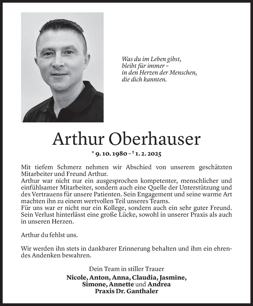  Todesanzeige für Arthur Oberhauser vom 06.02.2025 aus Vorarlberger Nachrichten