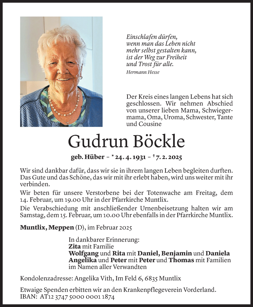  Todesanzeige für Gudrun Böckle vom 12.02.2025 aus Vorarlberger Nachrichten
