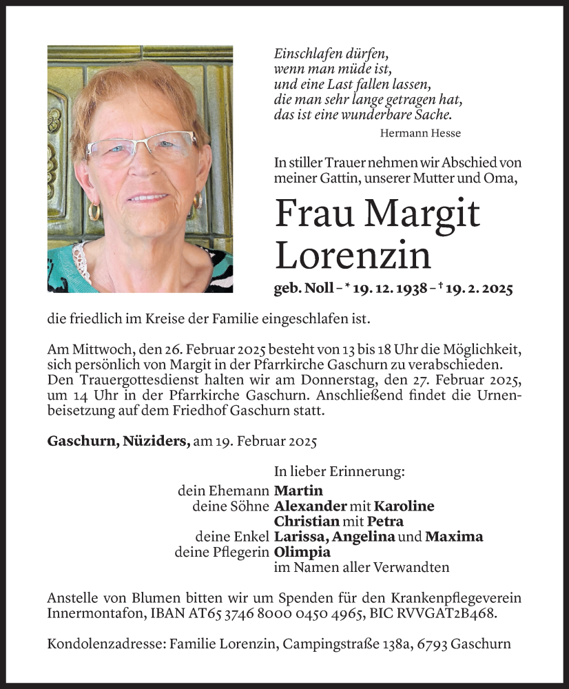  Todesanzeige für Margit Lorenzin vom 23.02.2025 aus Vorarlberger Nachrichten