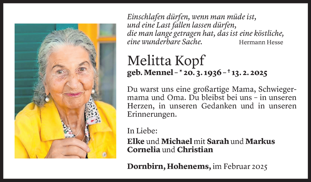  Todesanzeige für Melitta Kopf vom 14.02.2025 aus Vorarlberger Nachrichten