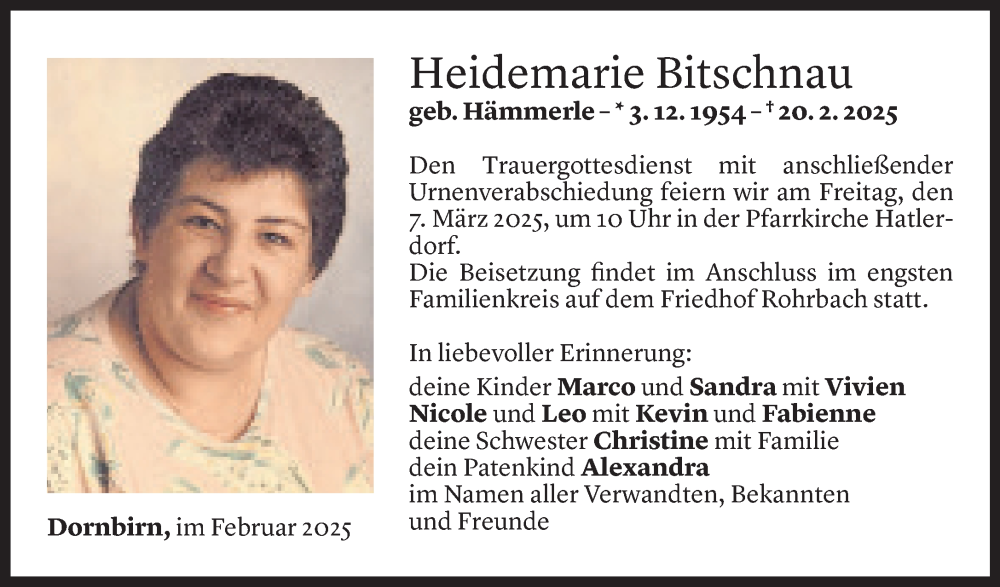  Todesanzeige für Heidemarie Bitschnau vom 24.02.2025 aus Vorarlberger Nachrichten