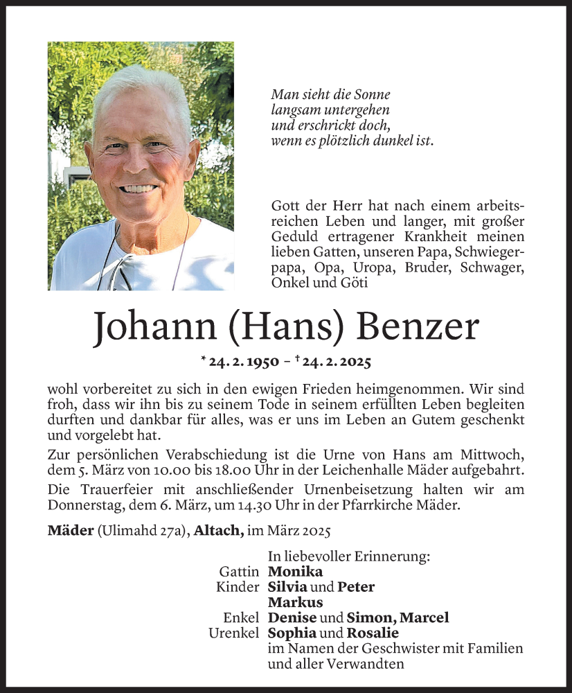  Todesanzeige für Johann Benzer vom 27.02.2025 aus Vorarlberger Nachrichten
