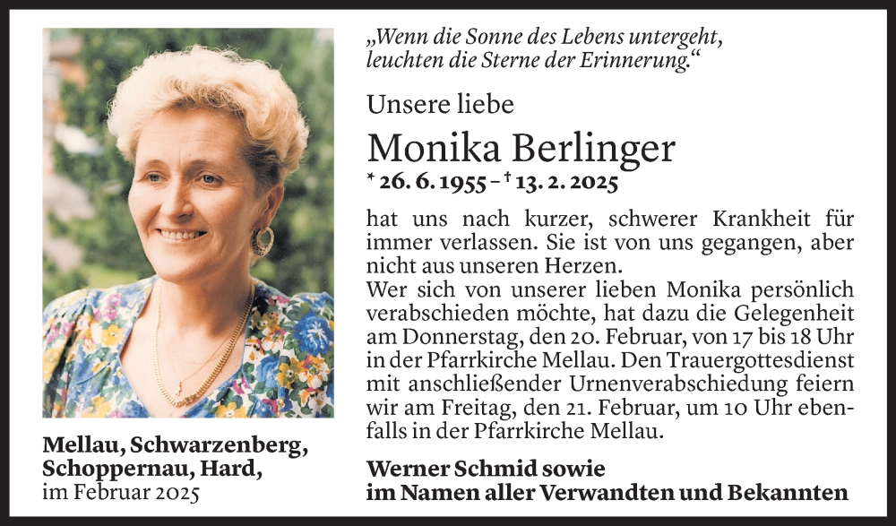  Todesanzeige für Monika Berlinger vom 17.02.2025 aus Vorarlberger Nachrichten