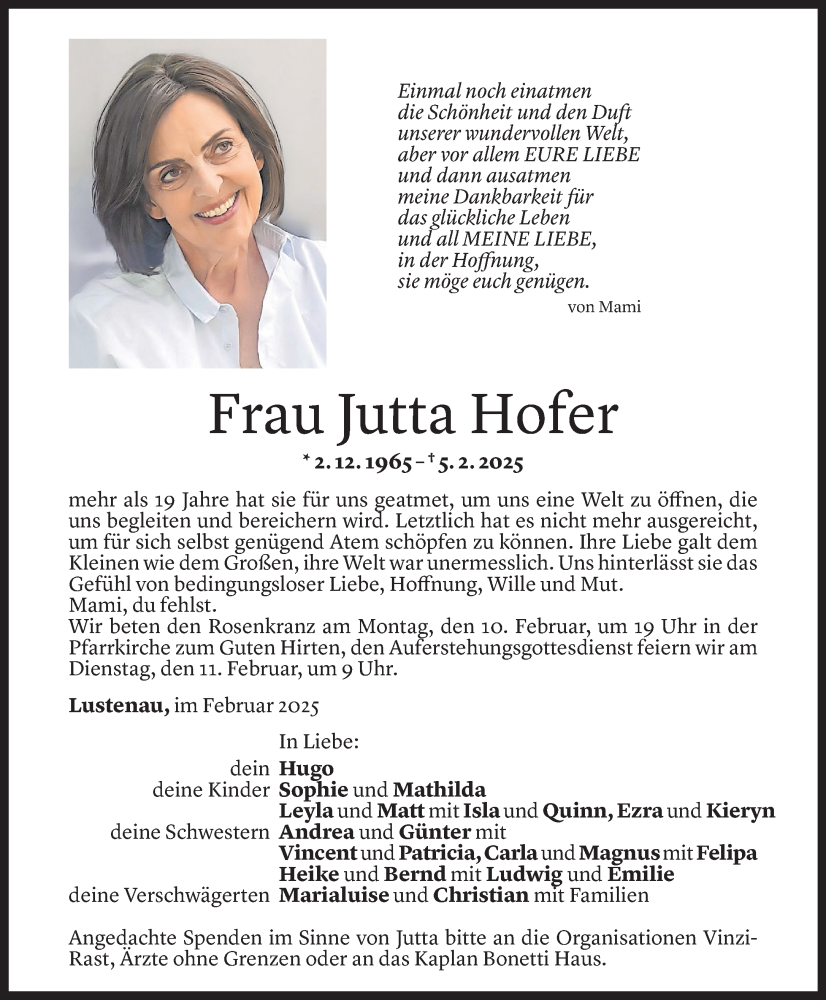  Todesanzeige für Jutta Hofer vom 07.02.2025 aus Vorarlberger Nachrichten