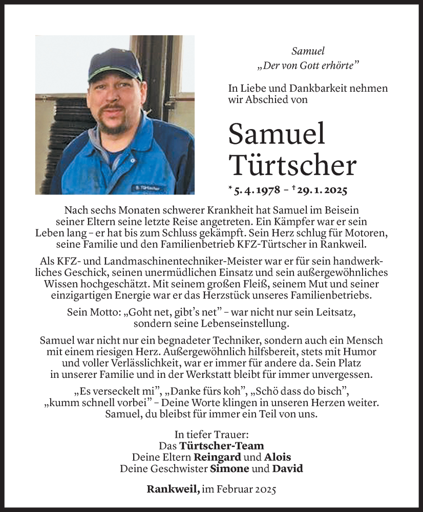 Todesanzeige für Samuel Türtscher vom 09.02.2025 aus Vorarlberger nachrichten