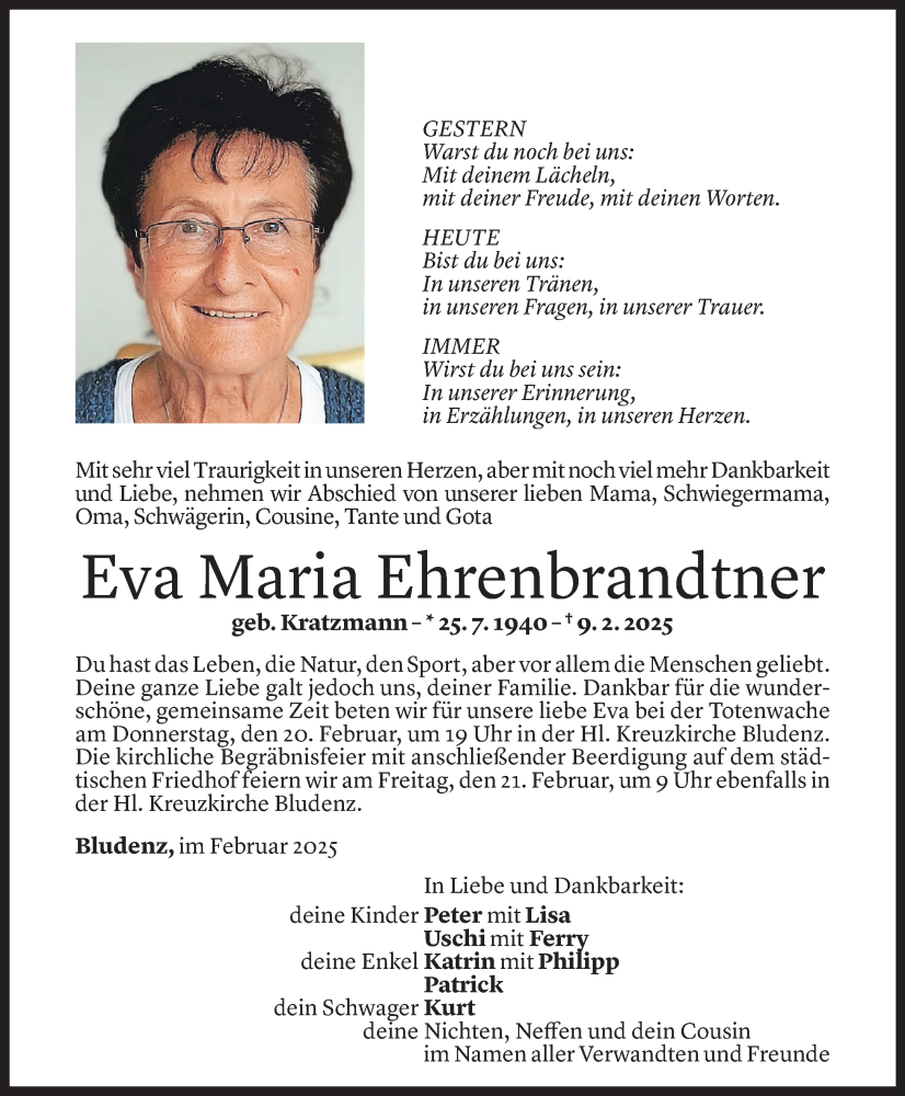  Todesanzeige für Eva Maria Ehrenbrandtner vom 16.02.2025 aus Vorarlberger Nachrichten