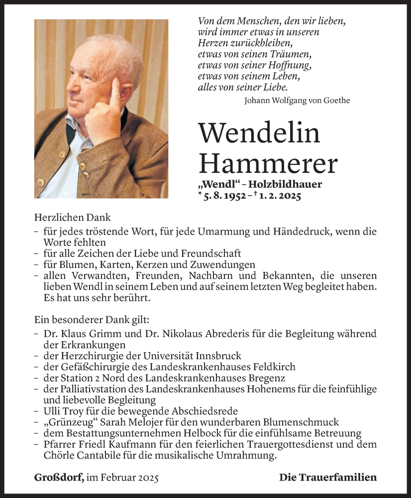  Todesanzeige für Wendelin Hammerer vom 17.02.2025 aus Vorarlberger Nachrichten