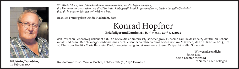  Todesanzeige für Konrad Hopfner vom 06.02.2025 aus Vorarlberger Nachrichten