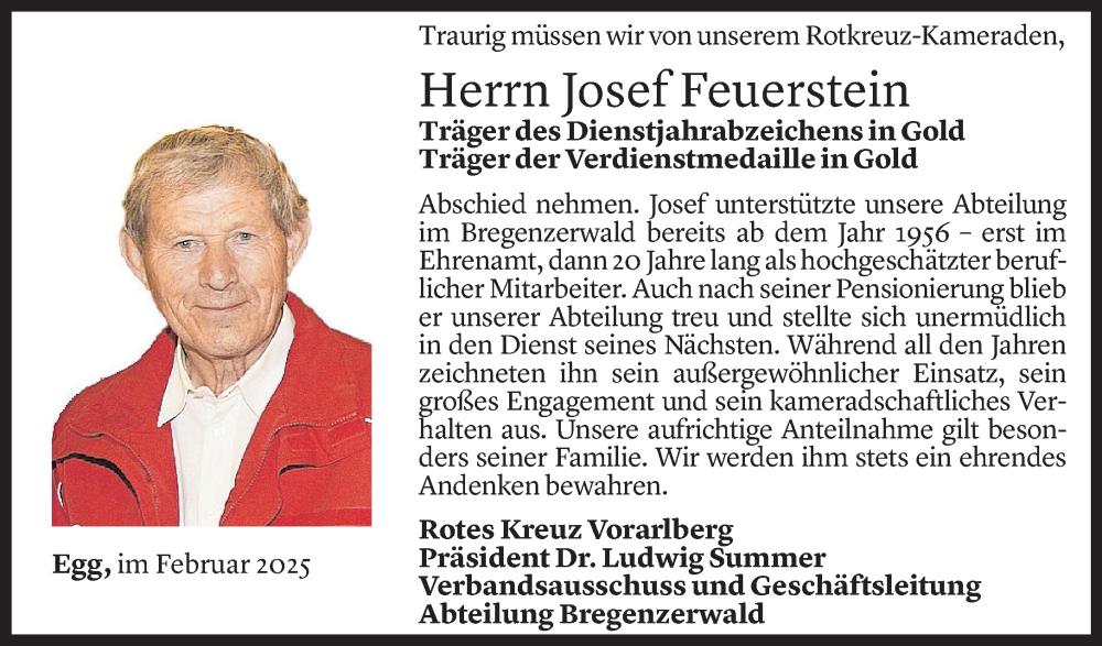  Todesanzeige für Josef Feuerstein vom 18.02.2025 aus Vorarlberger Nachrichten