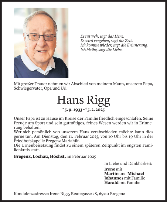 Todesanzeige von Hans Rigg von Vorarlberger Nachrichten