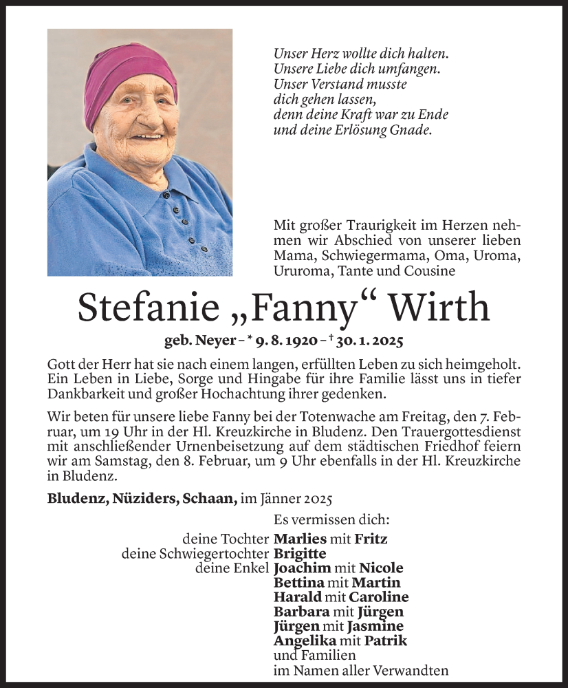  Todesanzeige für Stefanie Wirth vom 06.02.2025 aus Vorarlberger Nachrichten