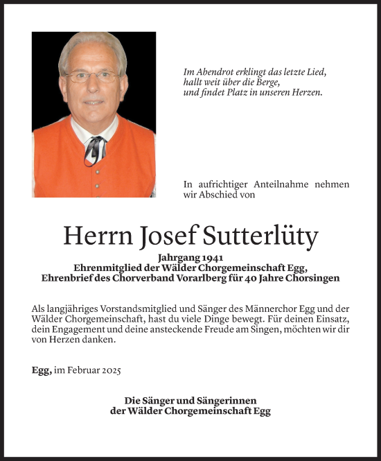 Todesanzeige von Josef Sutterlüty von Vorarlberger Nachrichten