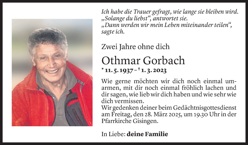 Todesanzeige für Othmar Gorbach vom 01.03.2025 aus Vorarlberger Nachrichten