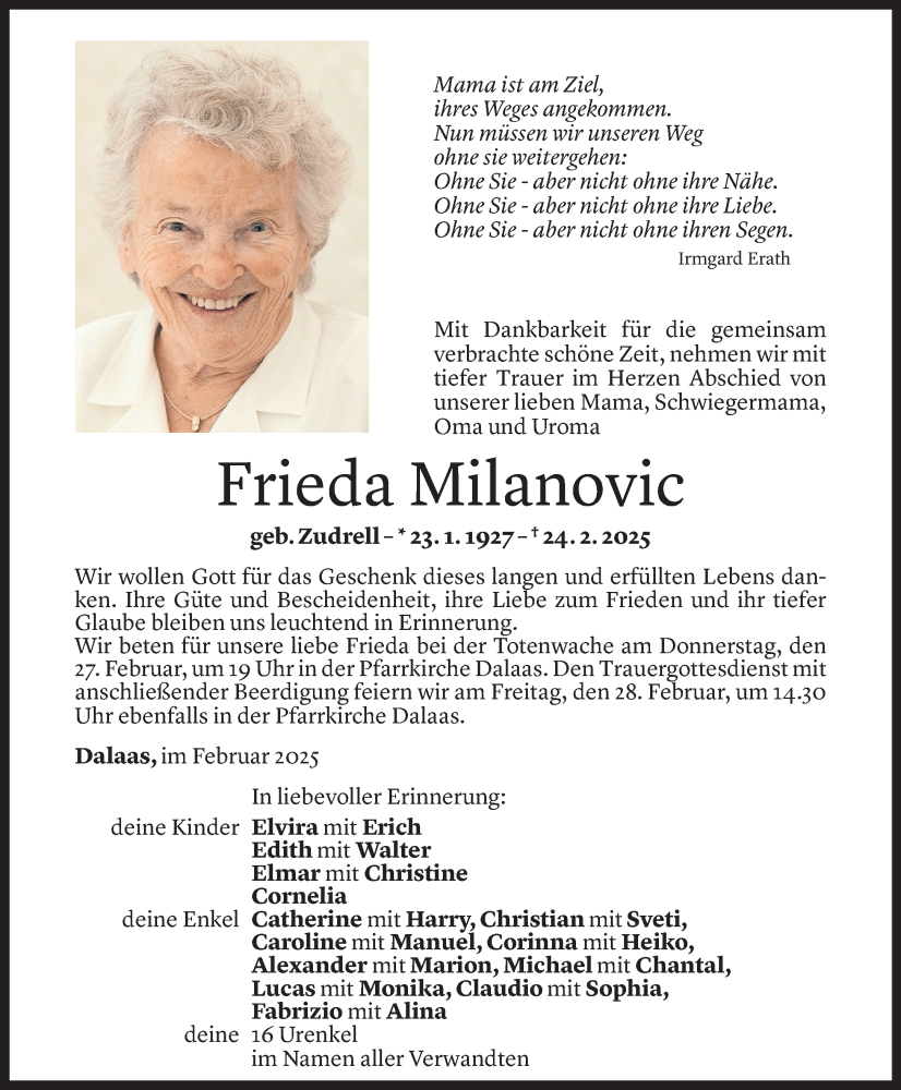  Todesanzeige für Frieda Milanovic vom 26.02.2025 aus Vorarlberger Nachrichten