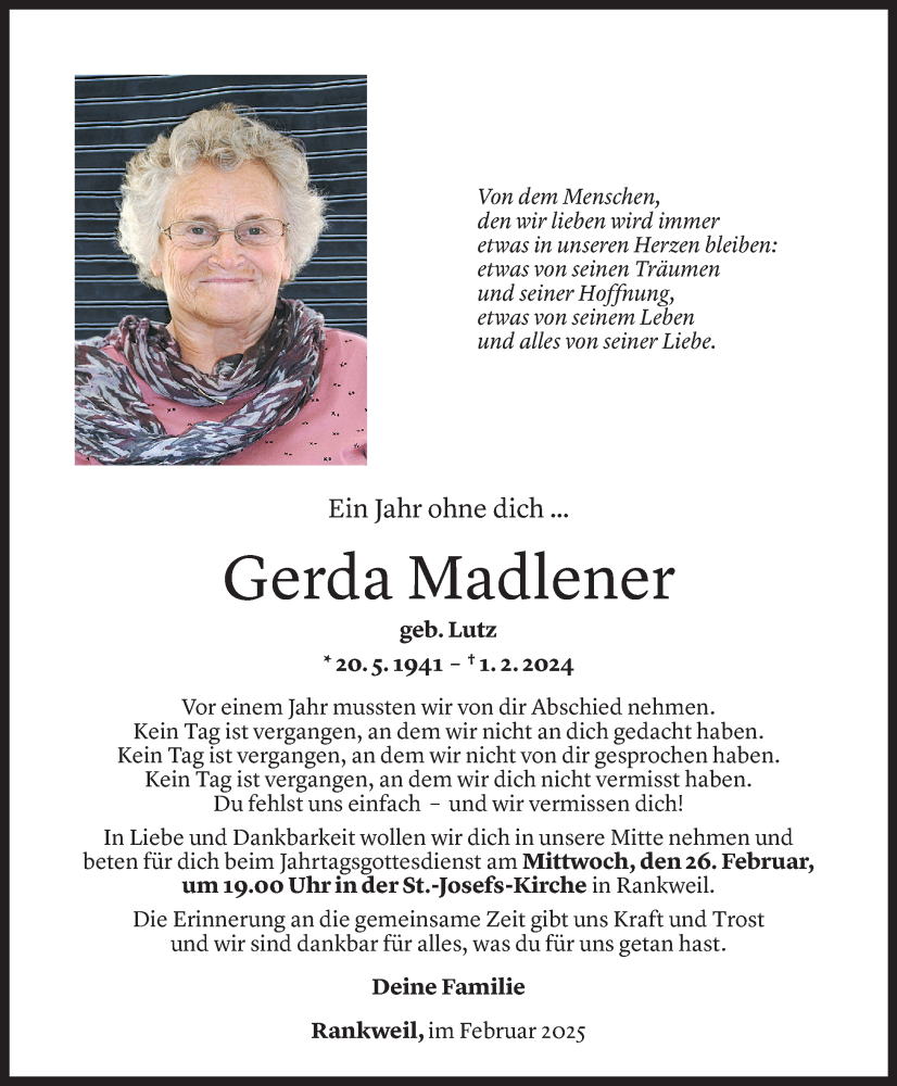  Todesanzeige für Gerda Madlener vom 01.02.2025 aus Vorarlberger nachrichten