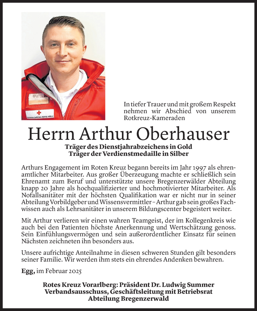  Todesanzeige für Arthur Oberhauser vom 06.02.2025 aus Vorarlberger Nachrichten