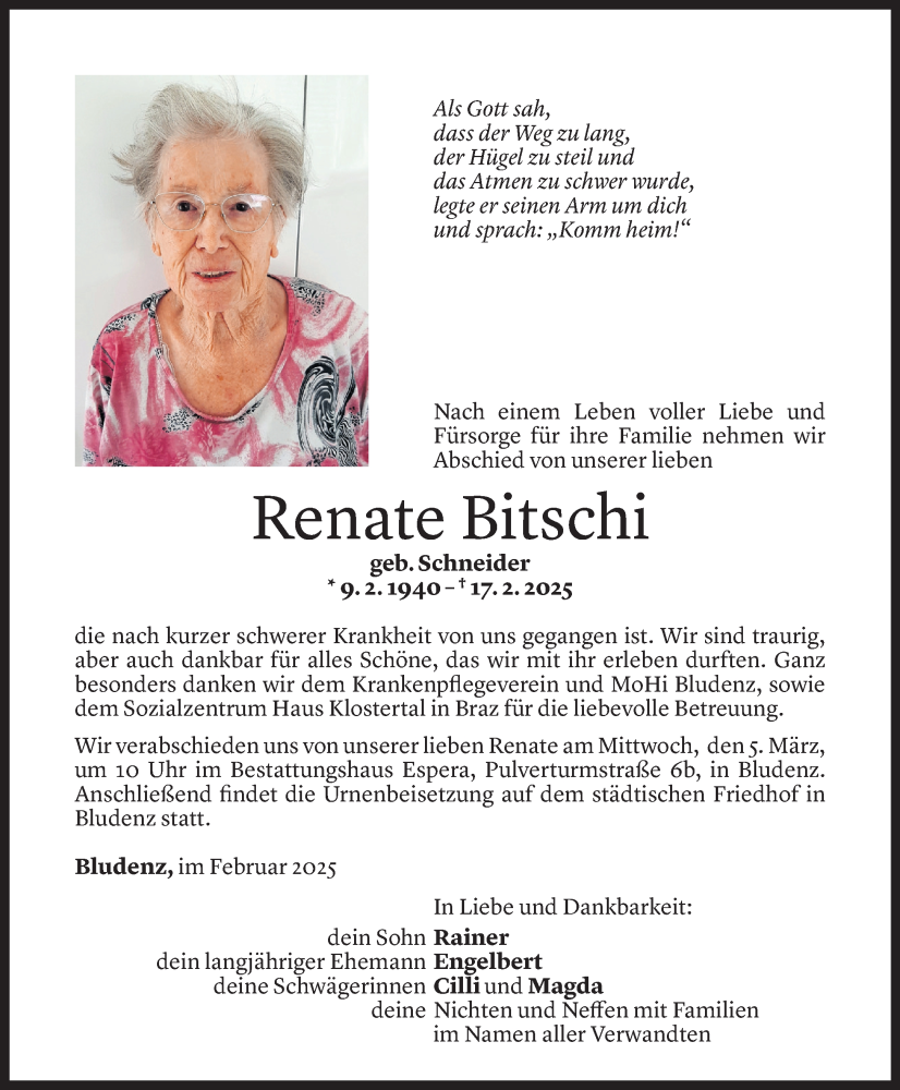 Todesanzeige für Renate Bitschi vom 26.02.2025 aus Vorarlberger Nachrichten