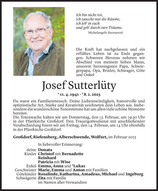 Todesanzeige von Josef Sutterlüty von Vorarlberger Nachrichten