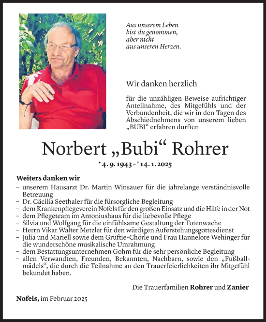 Todesanzeige von Norbert Rohrer von Vorarlberger Nachrichten