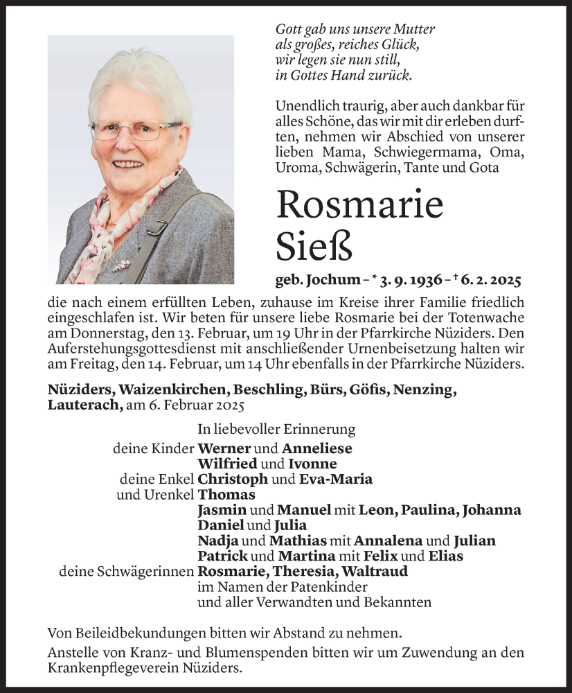  Todesanzeige für Rosmarie Sieß vom 07.02.2025 aus Vorarlberger Nachrichten