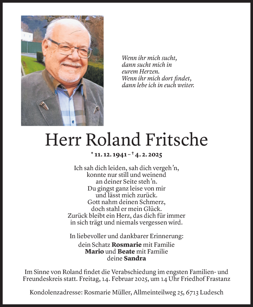  Todesanzeige für Roland Fritsche vom 12.02.2025 aus Vorarlberger Nachrichten