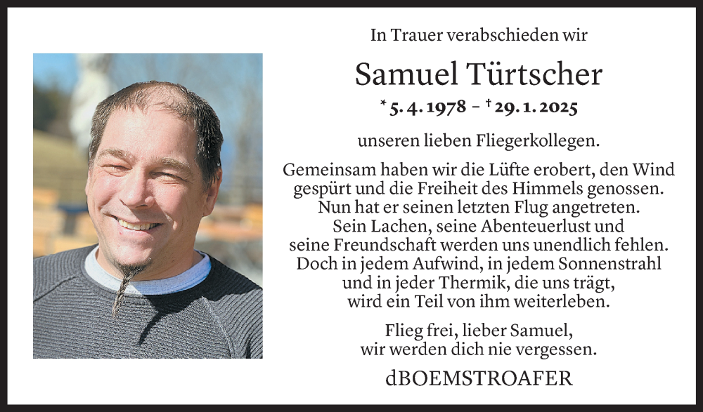  Todesanzeige für Samuel Türtscher vom 09.02.2025 aus Vorarlberger nachrichten