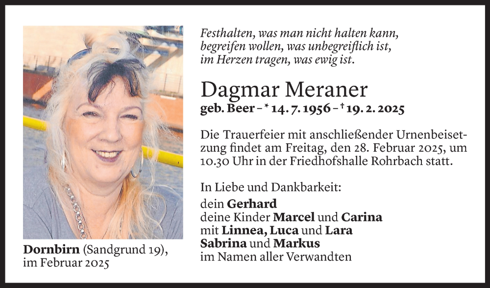  Todesanzeige für Dagmar Meraner vom 24.02.2025 aus Vorarlberger Nachrichten