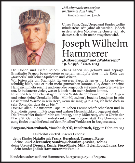 Todesanzeige von Joseph Wilhelm Hammerer von Vorarlberger Nachrichten