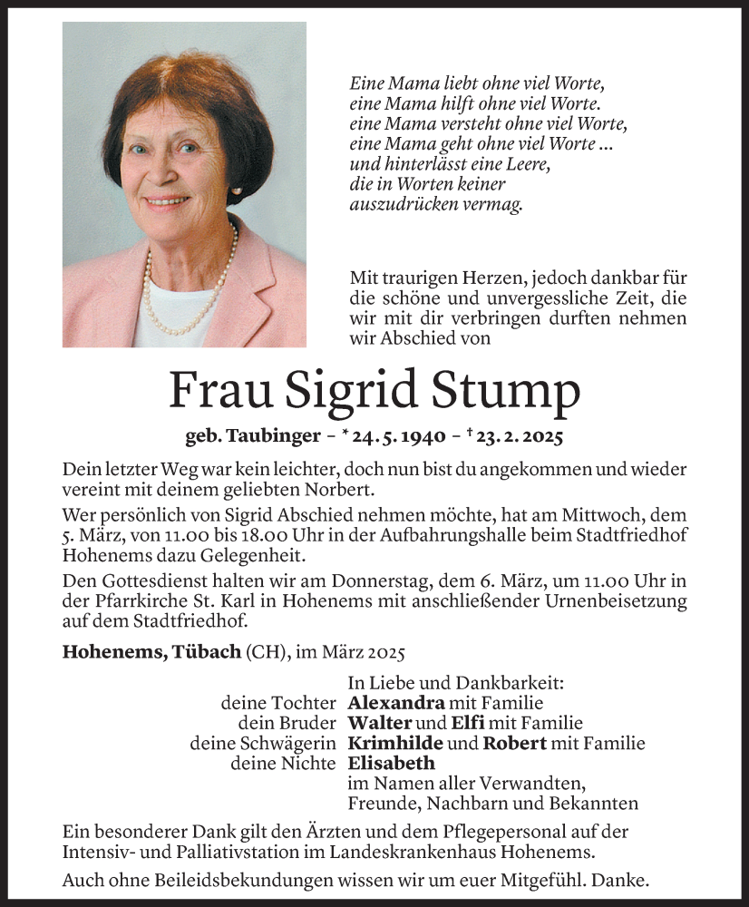  Todesanzeige für Sigrid Stump vom 02.03.2025 aus Vorarlberger Nachrichten