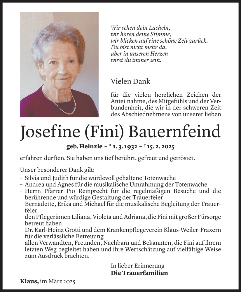  Todesanzeige für Josefine Bauernfeind vom 14.03.2025 aus Vorarlberger nachrichten