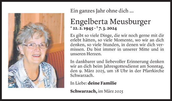 Todesanzeige von Engelberta Meusburger von Vorarlberger Nachrichten