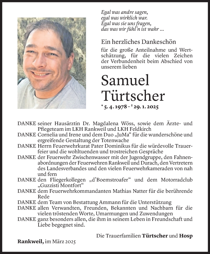  Todesanzeige für Samuel Türtscher vom 28.03.2025 aus Vorarlberger Nachrichten