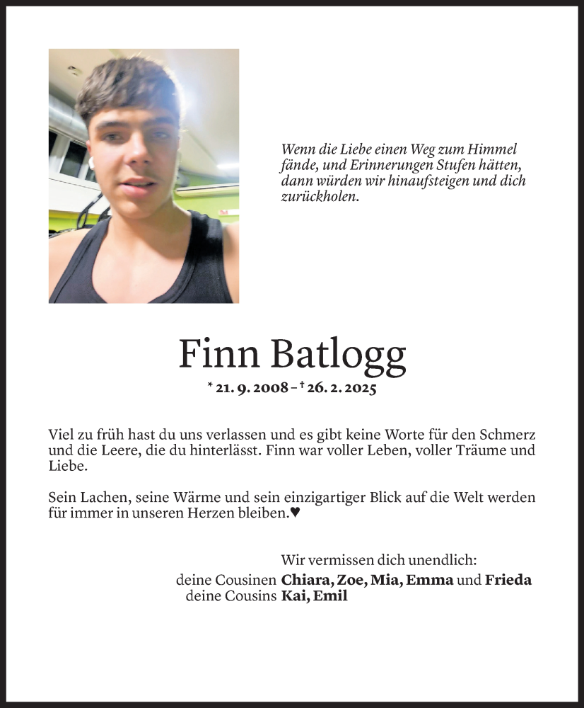  Todesanzeige für Finn Batlogg vom 03.03.2025 aus Vorarlberger Nachrichten