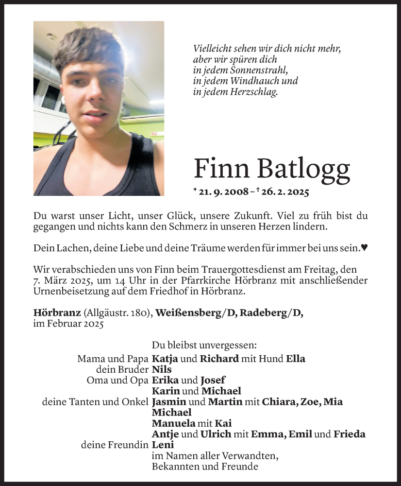  Todesanzeige für Finn Batlogg vom 03.03.2025 aus Vorarlberger Nachrichten