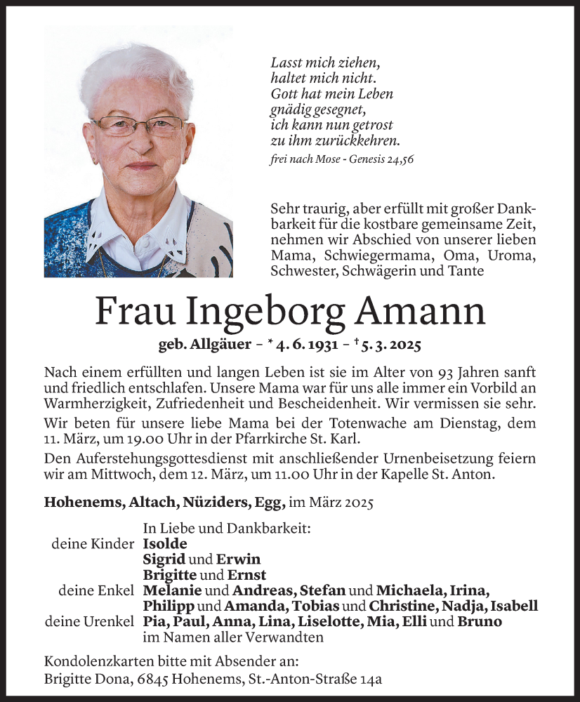  Todesanzeige für Ingeborg Amann vom 06.03.2025 aus Vorarlberger Nachrichten