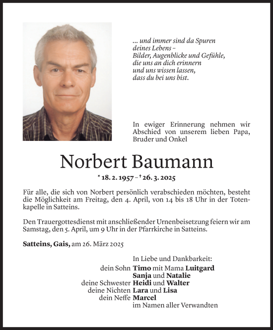 Todesanzeige von Norbert Baumann von Vorarlberger Nachrichten