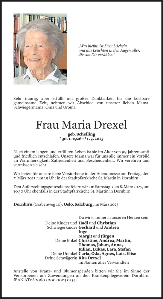 Todesanzeige von Maria Drexel von Vorarlberger Nachrichten