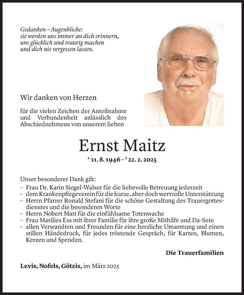 Todesanzeige für Ernst Maitz vom 14.03.2025 aus Vorarlberger Nachrichten