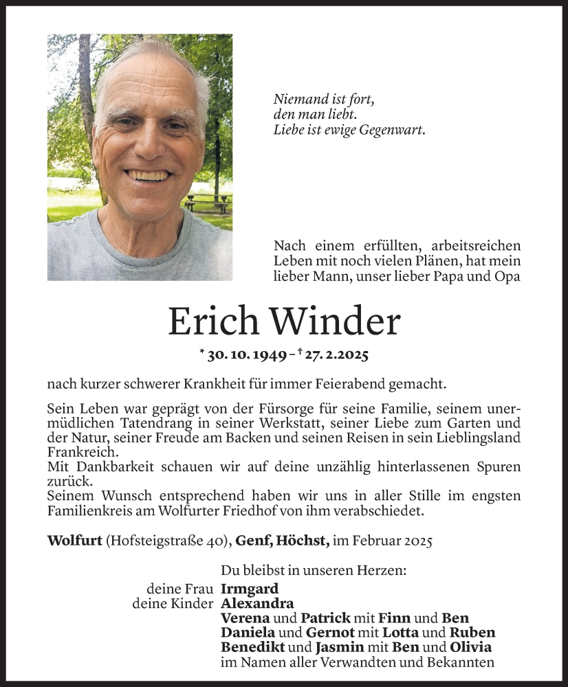  Todesanzeige für Erich Winder vom 06.03.2025 aus Vorarlberger Nachrichten