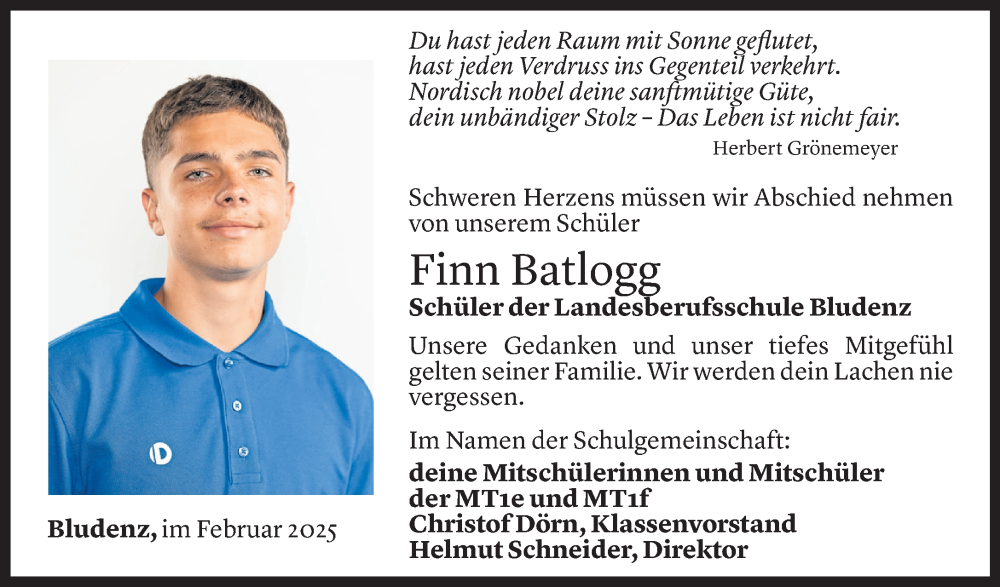  Todesanzeige für Finn Batlogg vom 03.03.2025 aus Vorarlberger Nachrichten