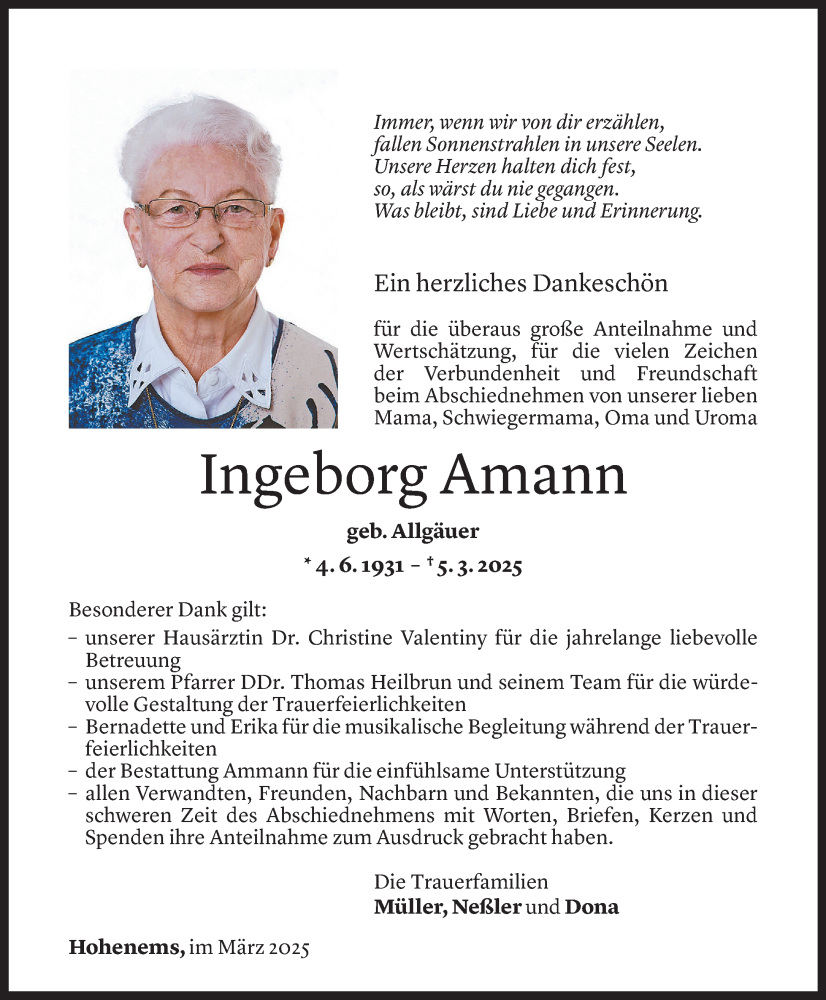  Todesanzeige für Ingeborg Amann vom 28.03.2025 aus Vorarlberger Nachrichten