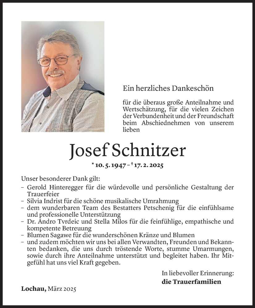  Todesanzeige für Josef Schnitzer vom 20.03.2025 aus Vorarlberger Nachrichten