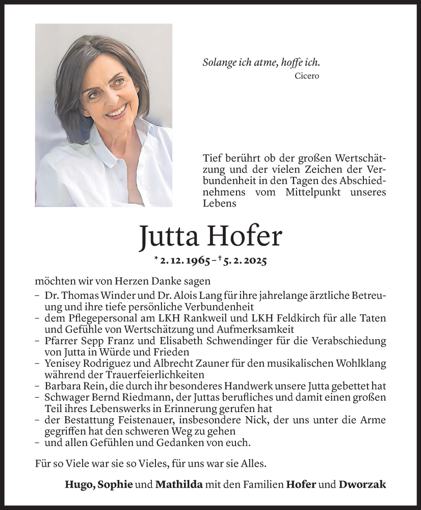  Todesanzeige für Jutta Hofer vom 14.03.2025 aus Vorarlberger Nachrichten