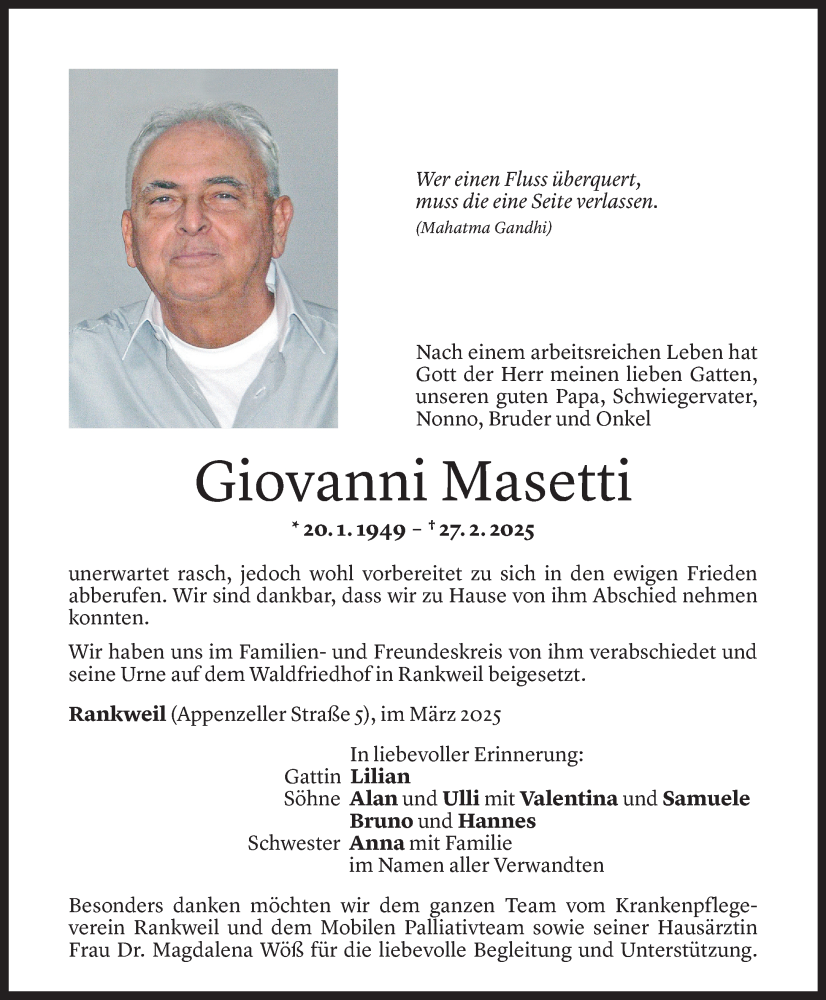  Todesanzeige für Giovanni Masetti vom 08.03.2025 aus Vorarlberger Nachrichten