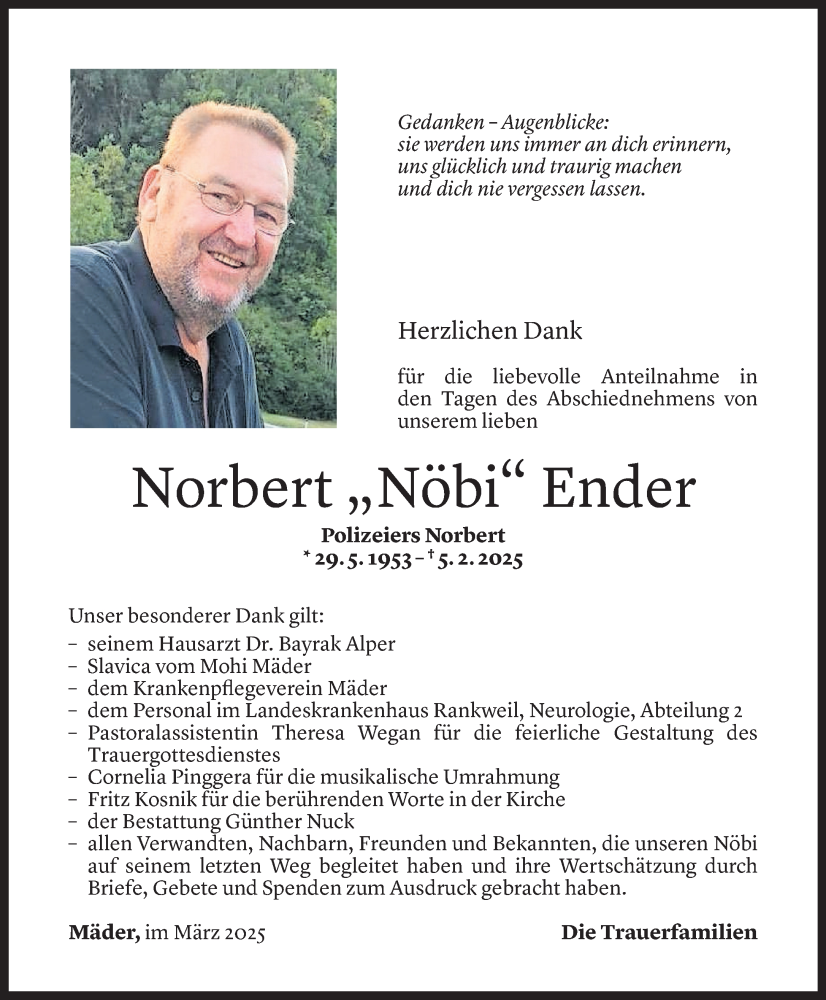  Todesanzeige für Norbert Ender vom 18.03.2025 aus Vorarlberger Nachrichten