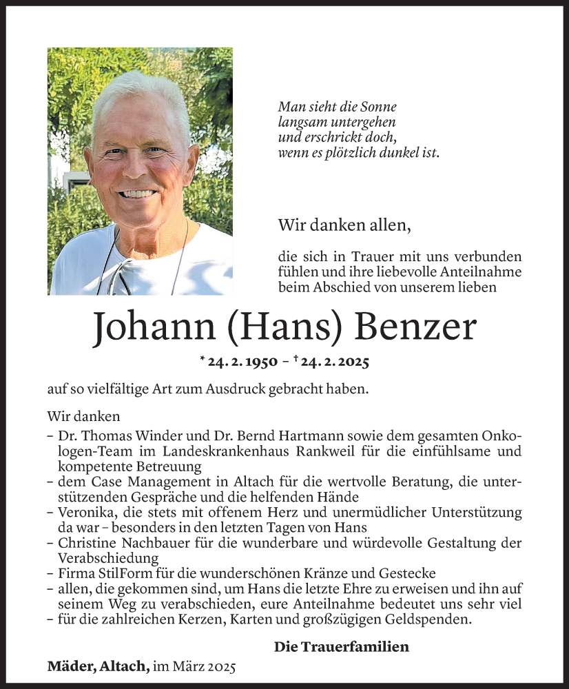  Todesanzeige für Johann Benzer vom 16.03.2025 aus Vorarlberger nachrichten