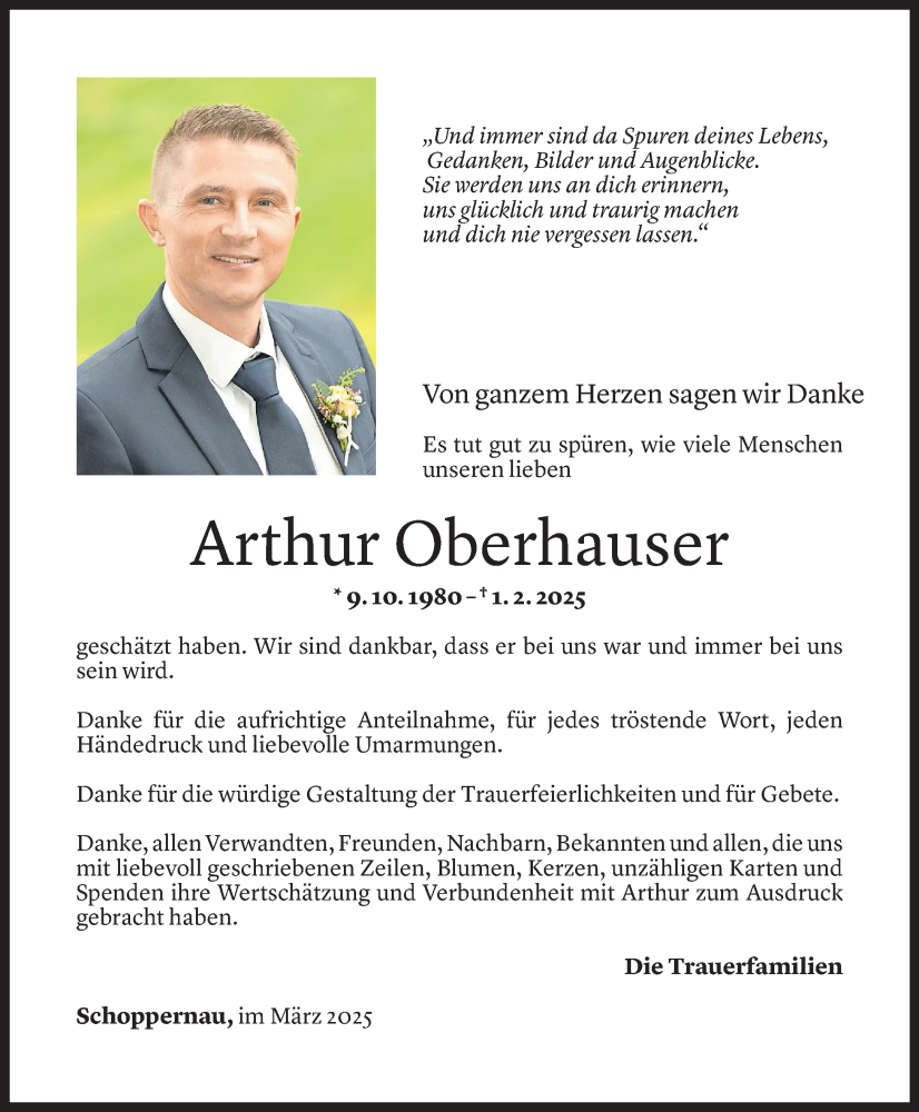  Todesanzeige für Arthur Oberhauser vom 17.03.2025 aus Vorarlberger Nachrichten