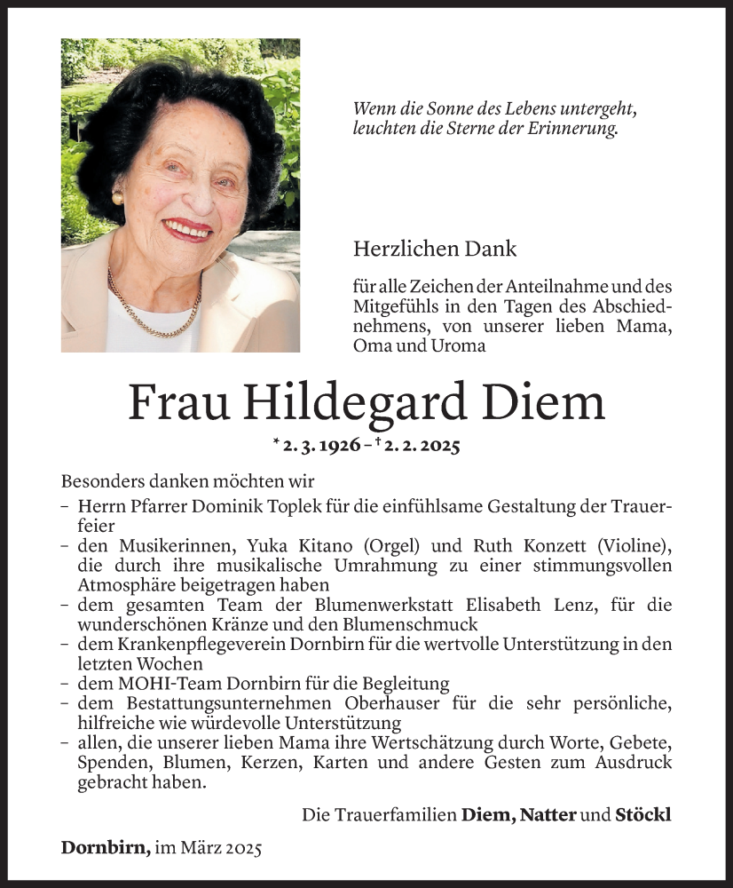  Todesanzeige für Hildegard Diem vom 09.03.2025 aus Vorarlberger Nachrichten