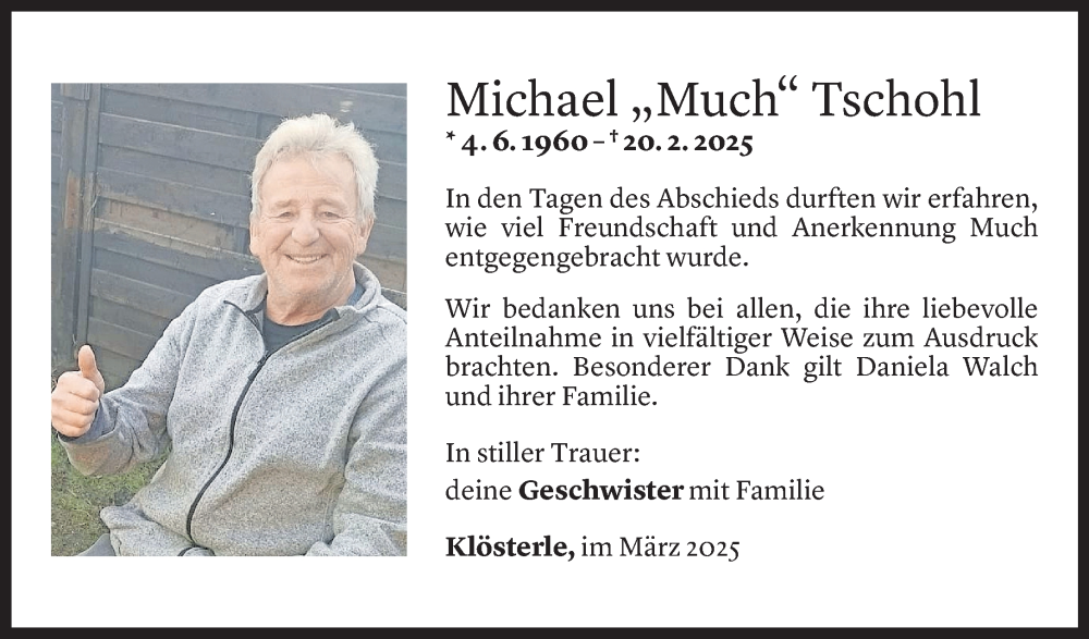  Todesanzeige für Michael Tschohl vom 12.03.2025 aus Vorarlberger Nachrichten